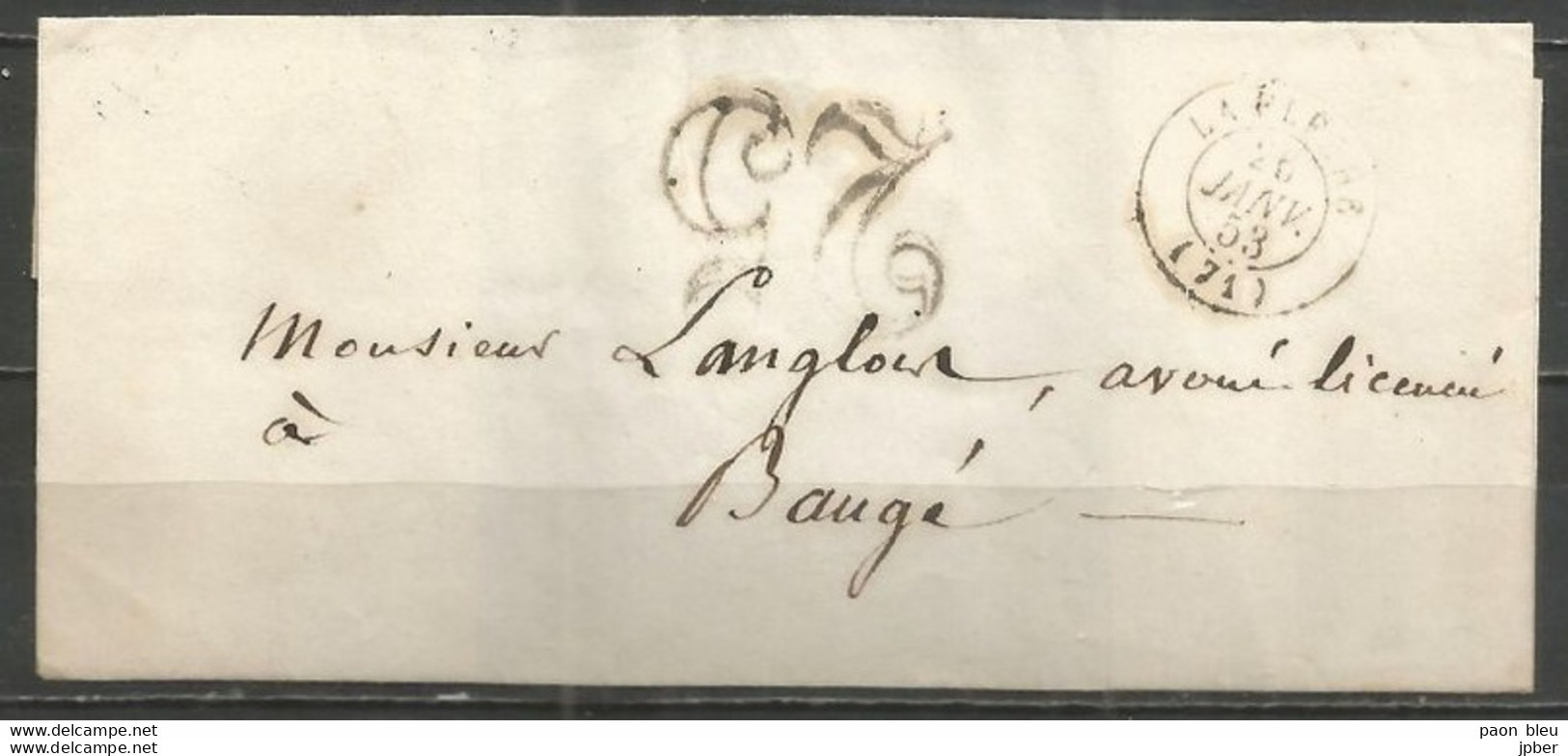 France - LAC Non Affranchie De LA FLECHE à BAUGE Du 26/1/1853 - Cachet-taxe 25cts - 1849-1876: Klassik