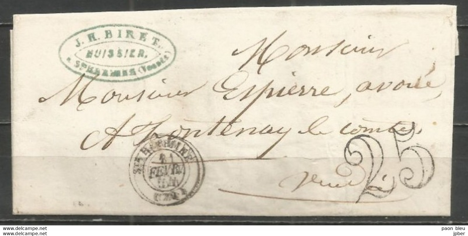 France - LAC Non Affranchie De STE HERMINE à FONTENAY-LE-COMTE Du 1/2/1854 - Cachet-taxe 25cts - 1849-1876: Période Classique