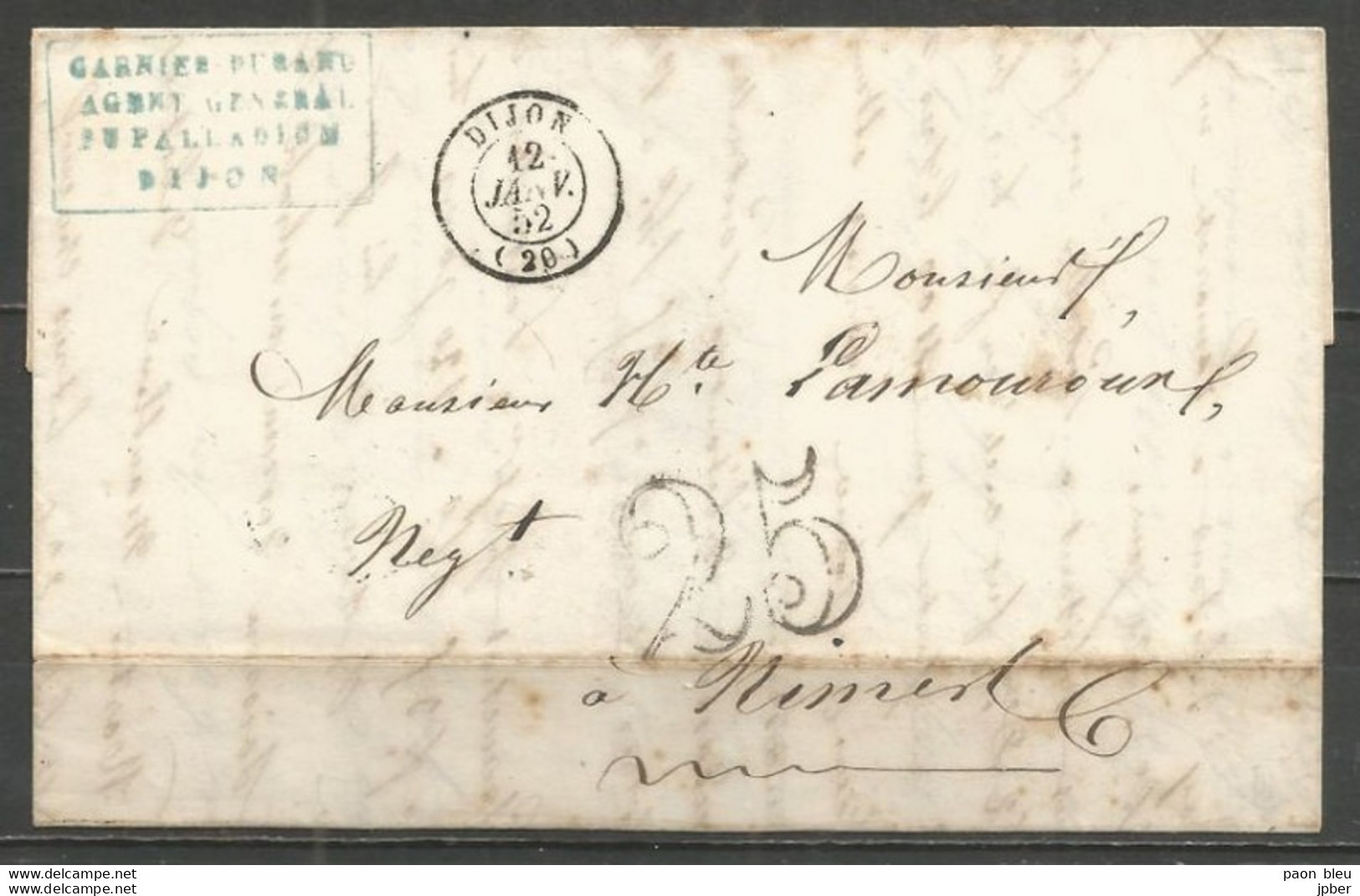 France - LAC Non Affranchie De DIJON à NIMES Du 12/1/1852 - Cachet-taxe 25cts - 1849-1876: Période Classique