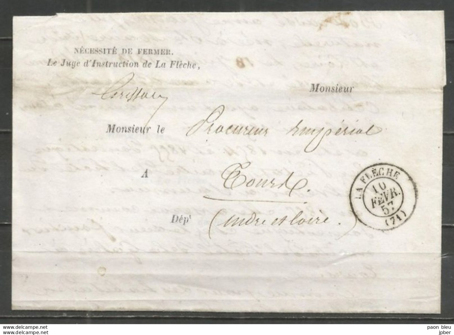 France - LAC En Franchise De Port De LA FLECHE à TOURS Du 10/2/57 - Enquête Juge Instruction - 1849-1876: Klassik