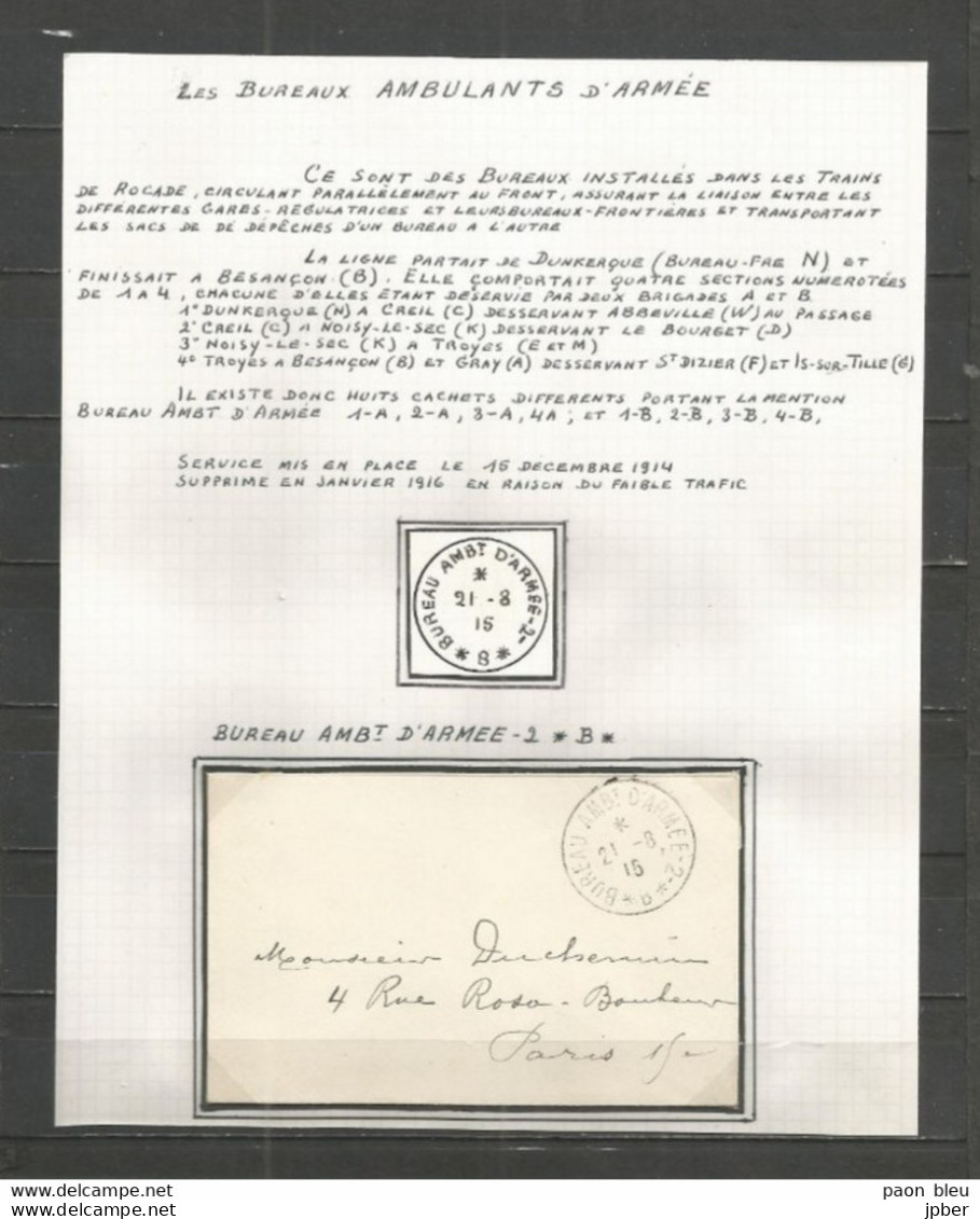 France - Guerre 14-18 - Bureau Ambulant D'armée 2 *B* - Petite Enveloppe Du 21/8/15 - Vers Paris - Guerra Del 1914-18