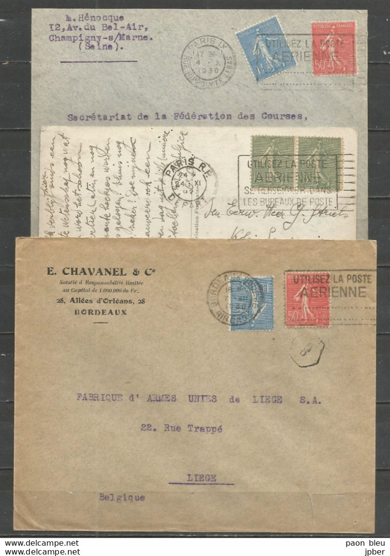 France - Flammes Poste Aérienne - Type Semeuse Lignée - Paris IX, Paris R.P., Bordeaux Bourse - Mechanical Postmarks (Advertisement)