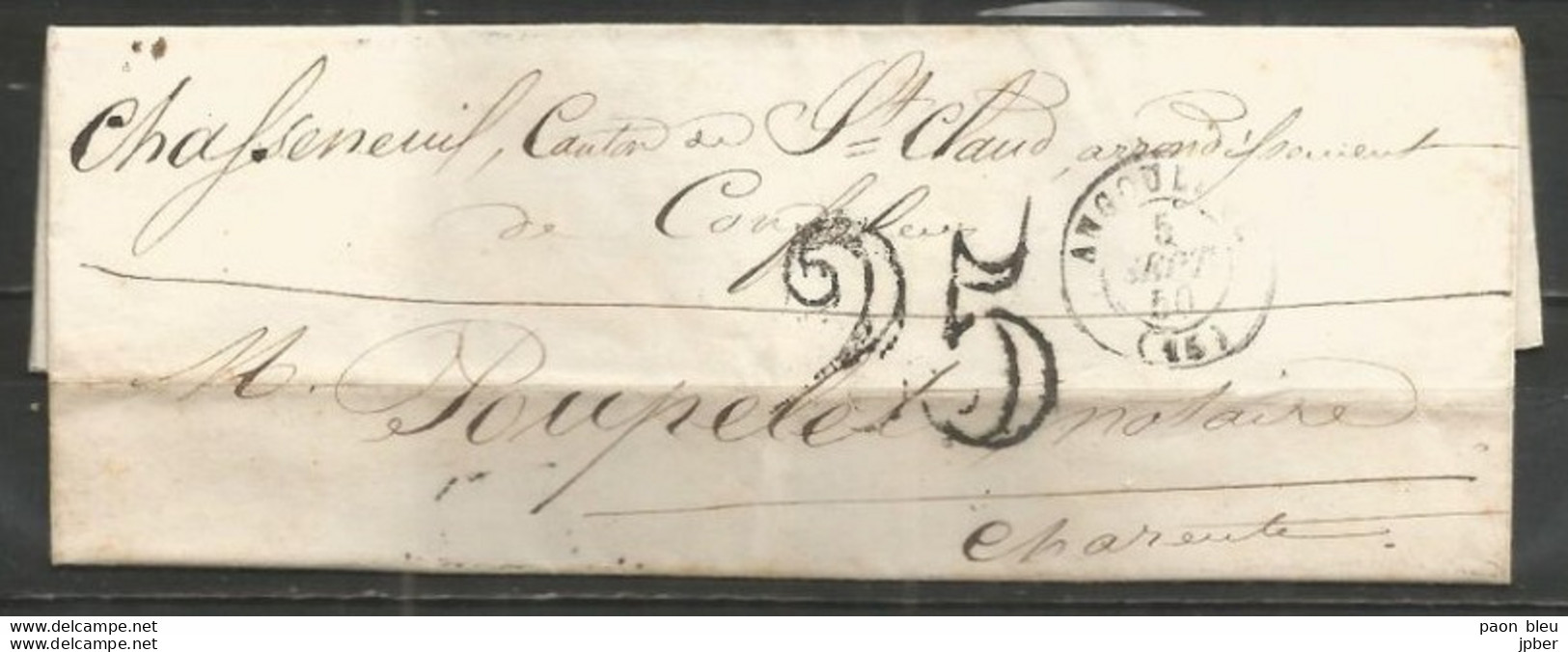 France - LSC Non Affranchie De ANGOULEME Pour CHASSENEUIL Du 5/9/1850 - Cachet-taxe 25cts - 1849-1876: Classic Period
