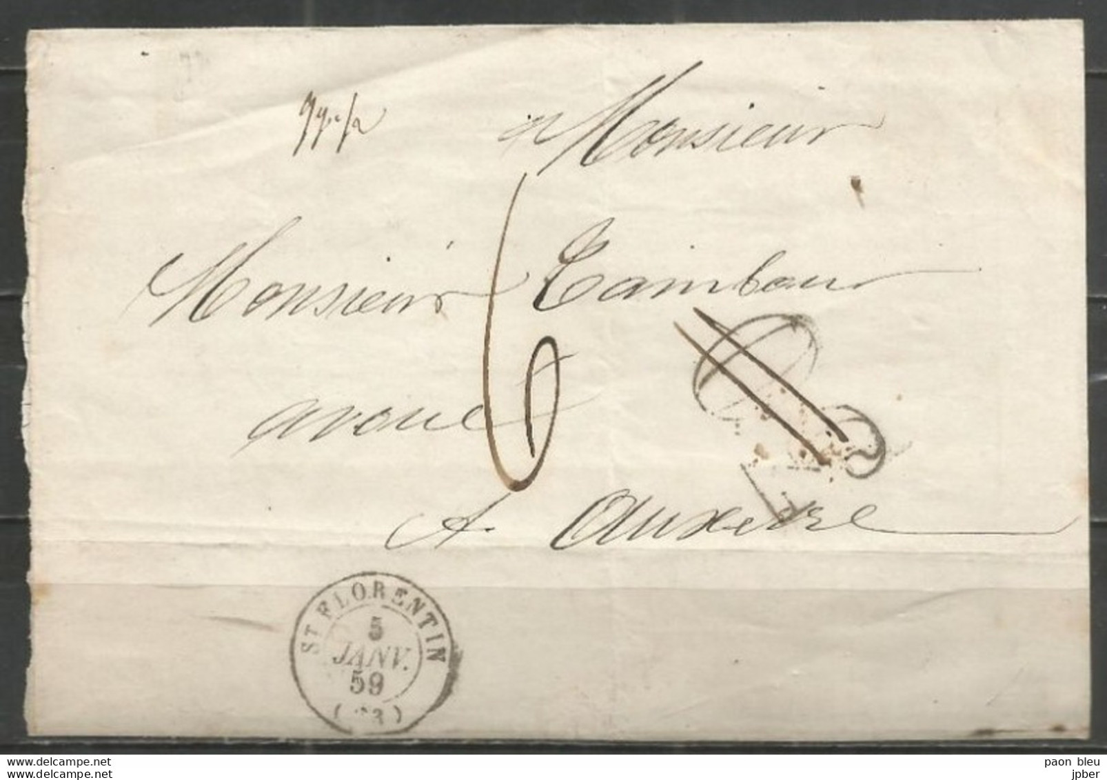 France - LSC Non Affranchie De ST FLORENTIN Pour AUXERRE Du 5/1/1859 - Cachet-taxe 30cts Barré + Port "6" Cause Surpoids - 1849-1876: Klassik