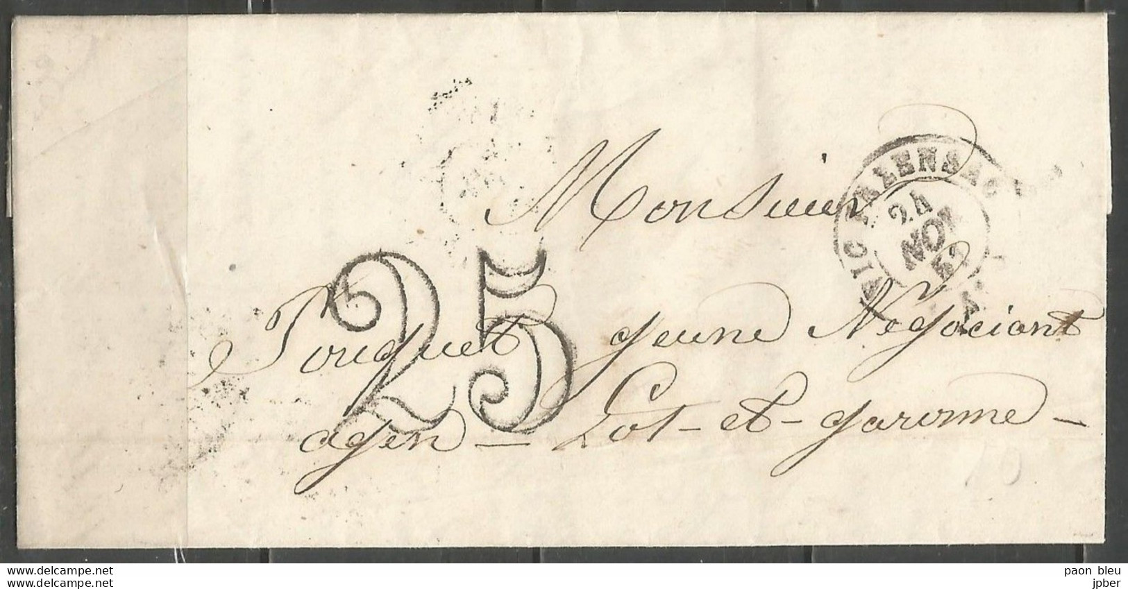 France - LAC Non Affranchie De VIC-FAZENSAC Pour AGEN Du 24/11/1852 - Cachet-taxe 25cts - 1849-1876: Période Classique