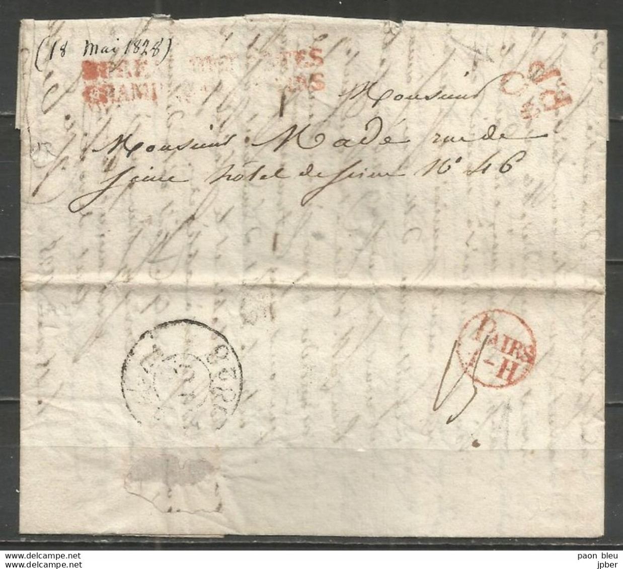 France - LAC De PARIS Du 18/5/1825 - BUREAU DES POSTES CHAMBRE DES PAIRS - 60 P.P. - Verso Arrivée + PAIRS 1-H Paraphée - 1801-1848: Precursori XIX