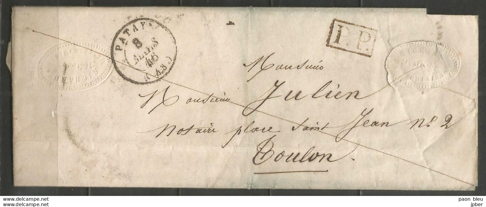 France - LAC De TERMINIERS (cachet PATAY) Vers TOULON Du 7/3/1846 - Cachet P.P. Encadré - Verso Taxée 10 + ORLEANS - 1801-1848: Precursores XIX