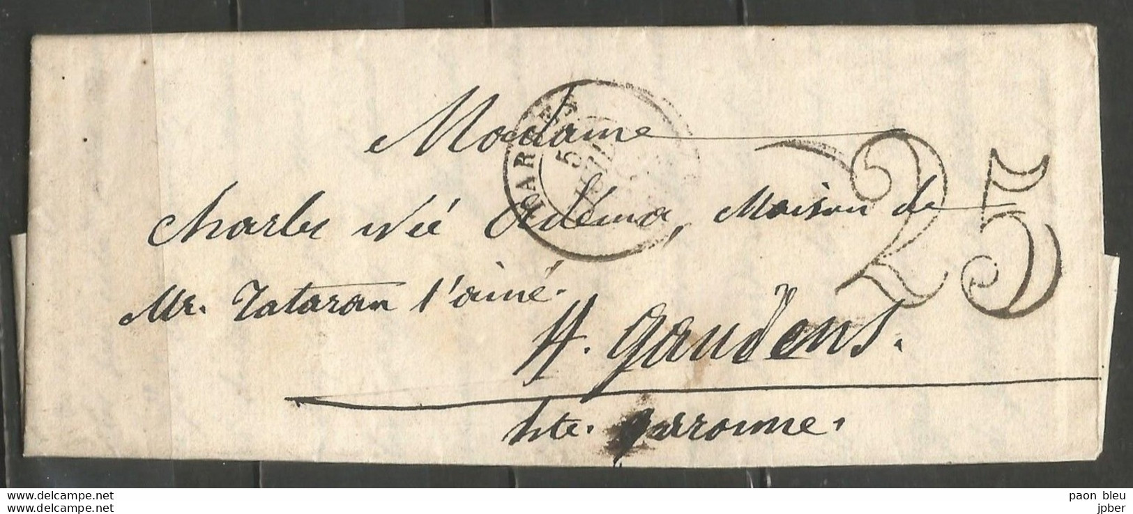 France - LAC Non Affranchie Du 05/07/1850 De Tarbes Vers St Gaudens + Cachet-taxe "25" - 1849-1876: Période Classique