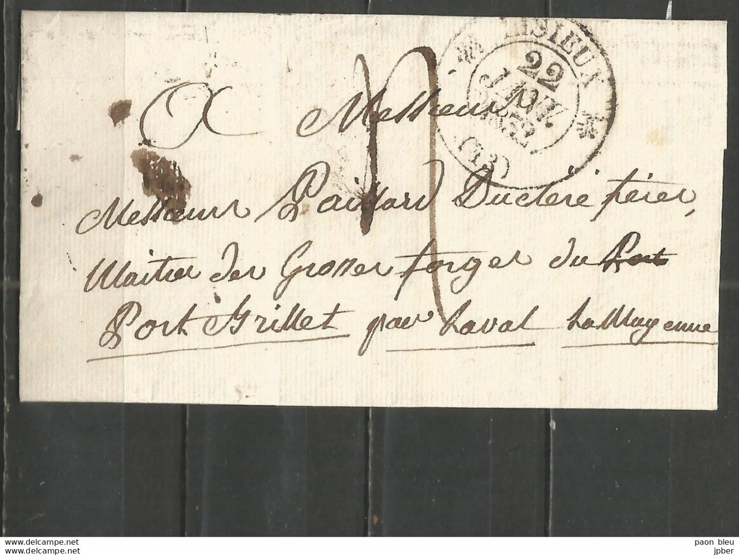 France - LAC De LISIEUX (cachet 1/2 Fleuron) Vers PORT-BRILLET (Mayenne) Du 22/1/1832 - 1801-1848: Precursores XIX