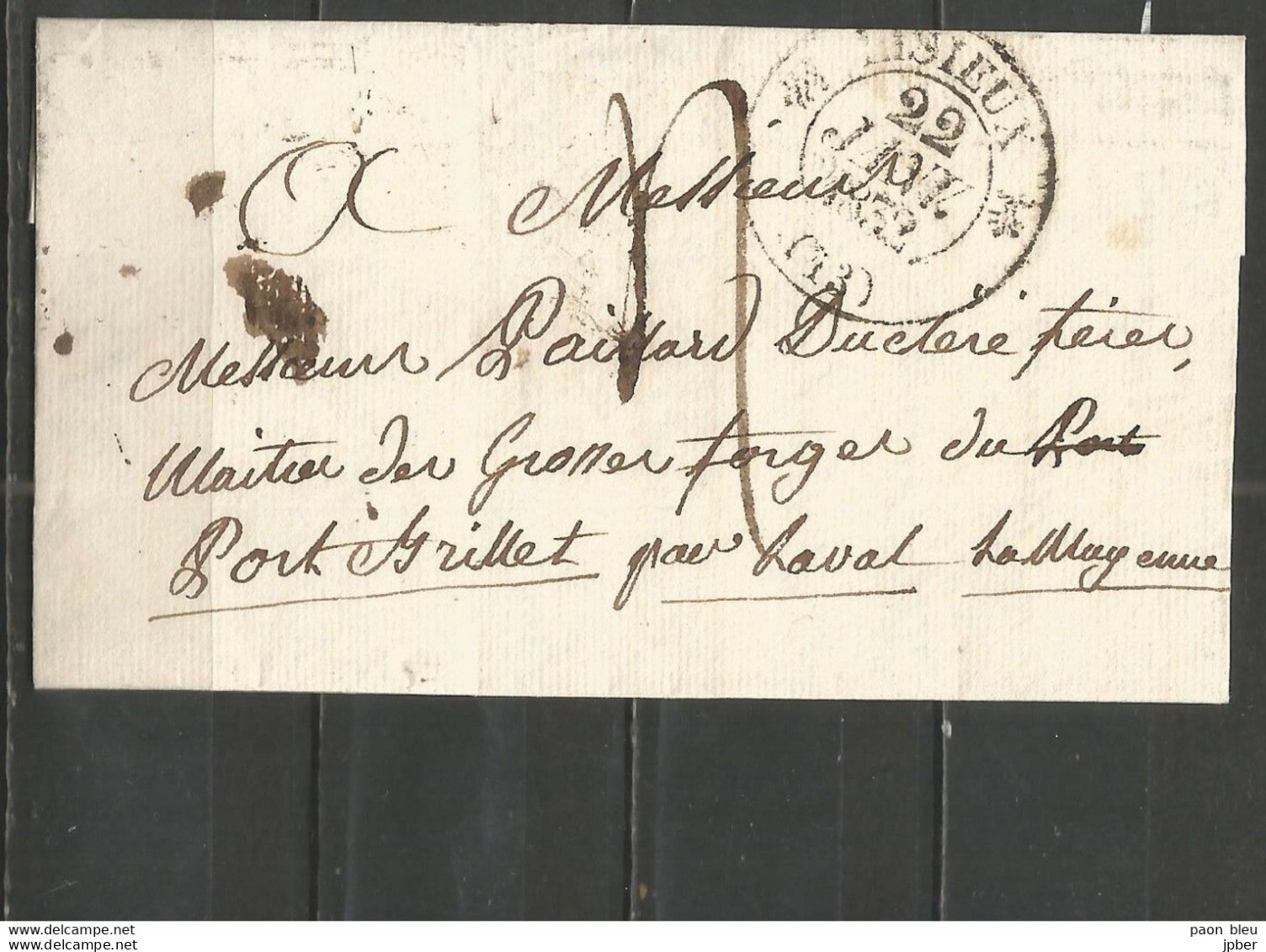 France - LAC De LISIEUX (cachet 1/2 Fleuron) Vers PORT-BRILLET (Mayenne) Du 22/1/1832 - 1801-1848: Precursori XIX