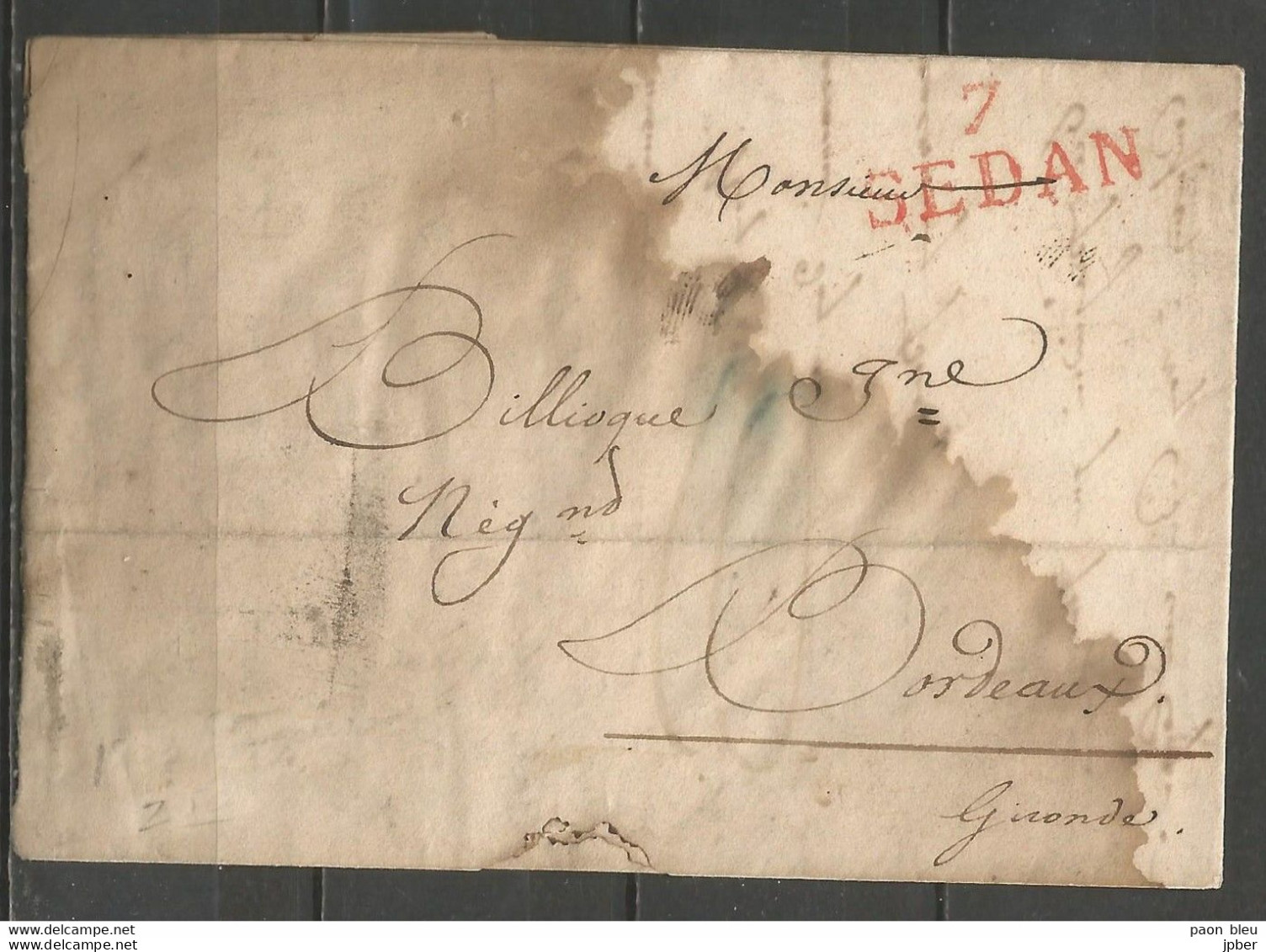 France - LAC De SEDAN (cachet 7 SEDAN En Rouge) Vers BORDEAUX - 1801-1848: Vorläufer XIX