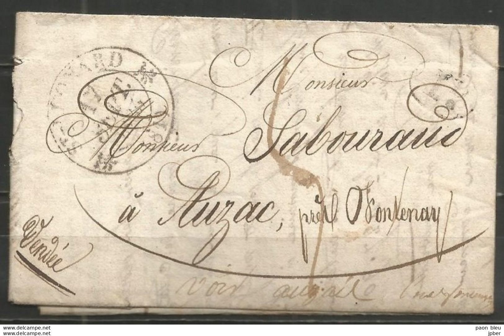 France - LAC Du 17/09/1835 De St Leonard De Noblat Vers Auzac Près Fontenay Soit Auzay + Cachet Fontenay Le Comte - 1801-1848: Precursores XIX