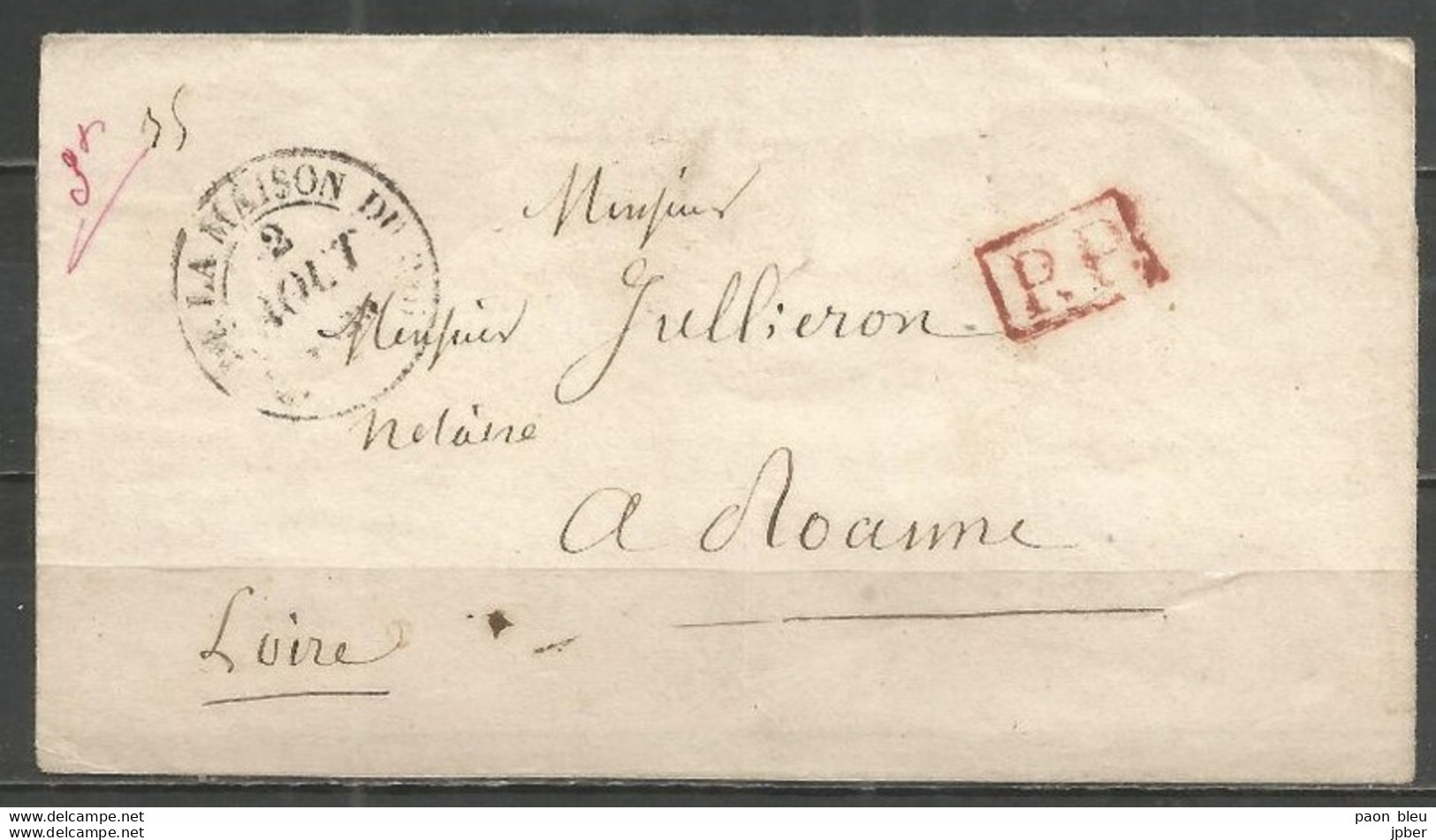 France - LSC De PARIS Du 2/8/1840 Vers ROANNE - Bau De La Maison Du Roi (diamètre 25mm) + P.P. - 1801-1848: Precursors XIX