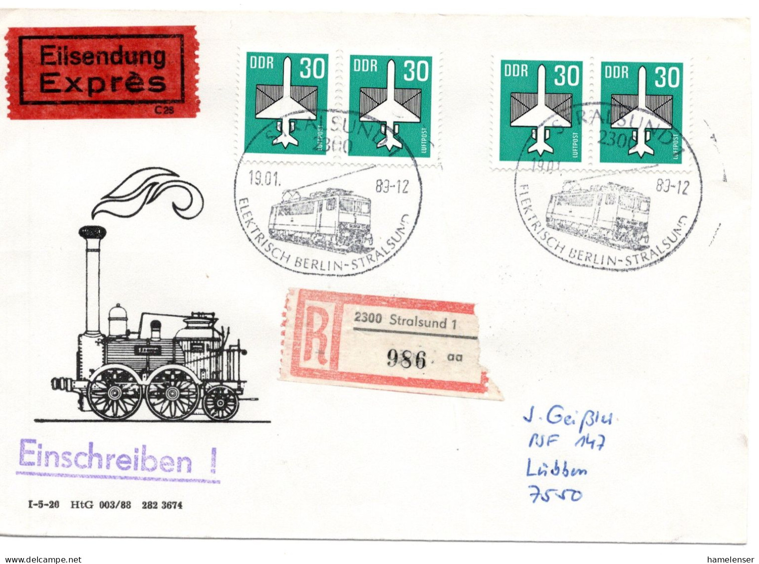 59349 - DDR - 1989 - 4@30Pfg Luftpost A R-EilBf SoStpl STRALSUND - ELEKTRISCH BERLIN-STRALSUND -> LUEBBEN - Treni