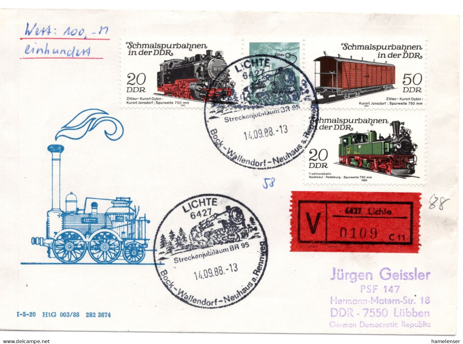 59351 - DDR - 1988 - 50Pfg Schmalspurbahn MiF A W-Bf (100 M / 8g) SoStpl  LICHTE - STRECKENJUBILAEUM ... -> Luebben - Treinen