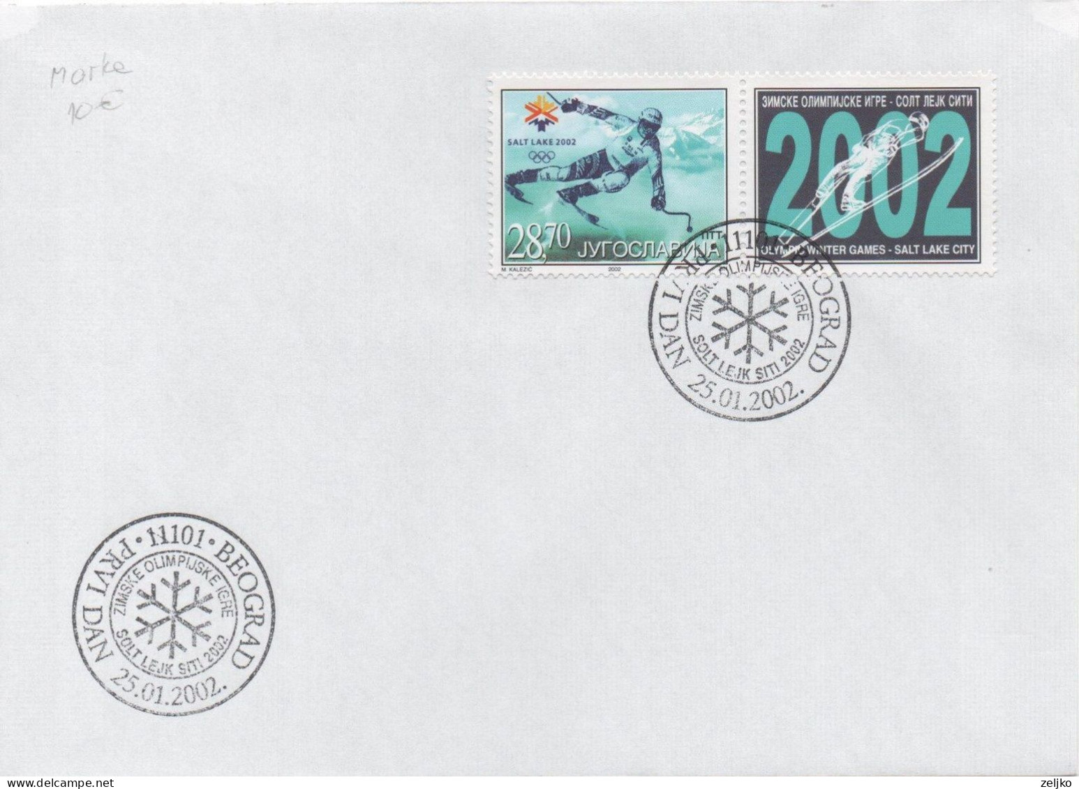 Yugoslavia, Winter Olympic Games Salt Lake City 2002, Michel 3058, Stamp + Vignette, C.v Of The Stamp 10 € - Hiver 2002: Salt Lake City