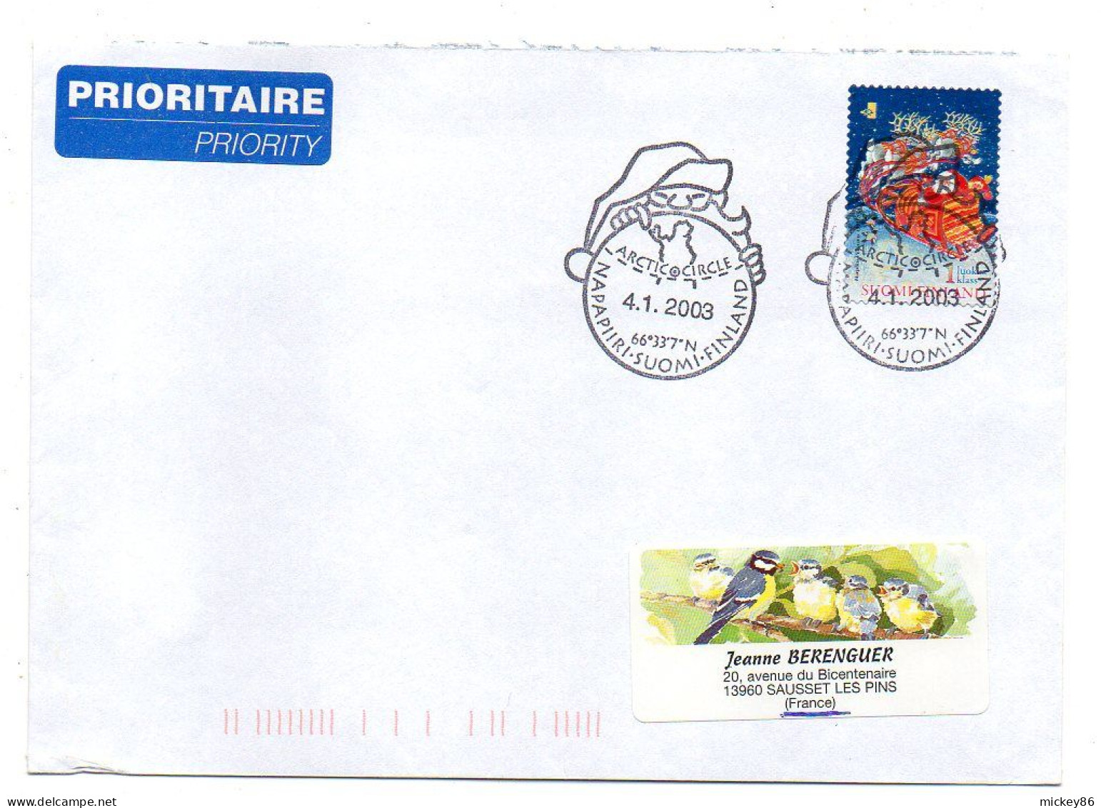 Finlande--2003- Lettre De NAPAPIIRi  Pour SAUSSET LES BAINS -13 (France)..timbre Noel  Seul Sur Lettre..cachet - Covers & Documents