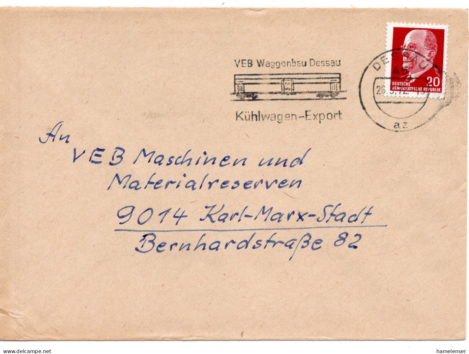 59360 - DDR - 1972 - 20Pfg Ulbricht EF A Bf DESSAU - VEB WAGGONBAU DESSAU ... -> Karl-Murx-Stadt - Trains