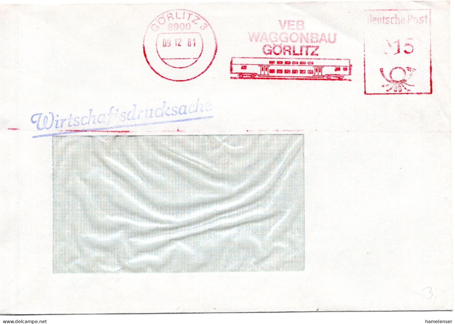 59362 - DDR - 1981 - 15Pfg AbsFreistpl GOERLITZ - VEB WAGGONBAU GOERLITZ A FensterWirtschDrucksBf - Treinen