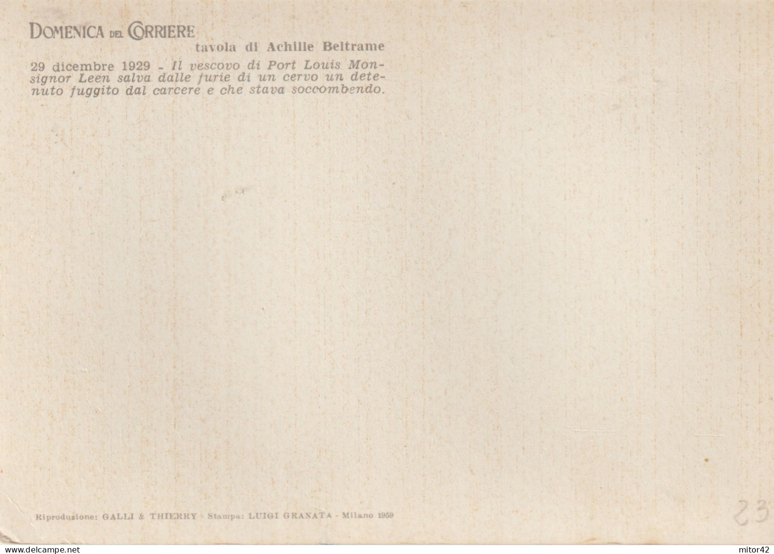 23-Cartolina Domenica Del Corriere-Eroismo-Atti Di Valore-Vescovo Di Port Louis Mons.Leen Salva Detenuto Da Cervo-1929. - Sonstige & Ohne Zuordnung