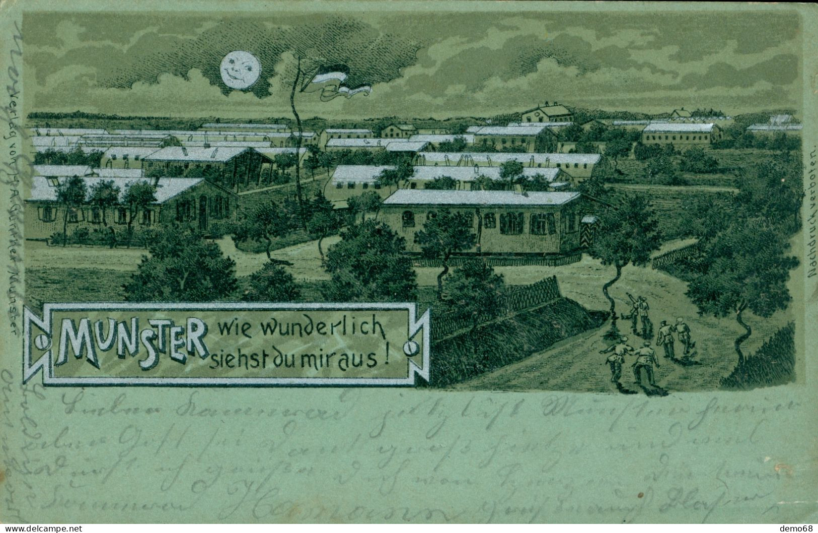 Muenster Münster Allemagne Deutschland Rhénanie Du Nord Westphalie Litho Panorama Clair De Lune  Superbe 1901 - Muenster