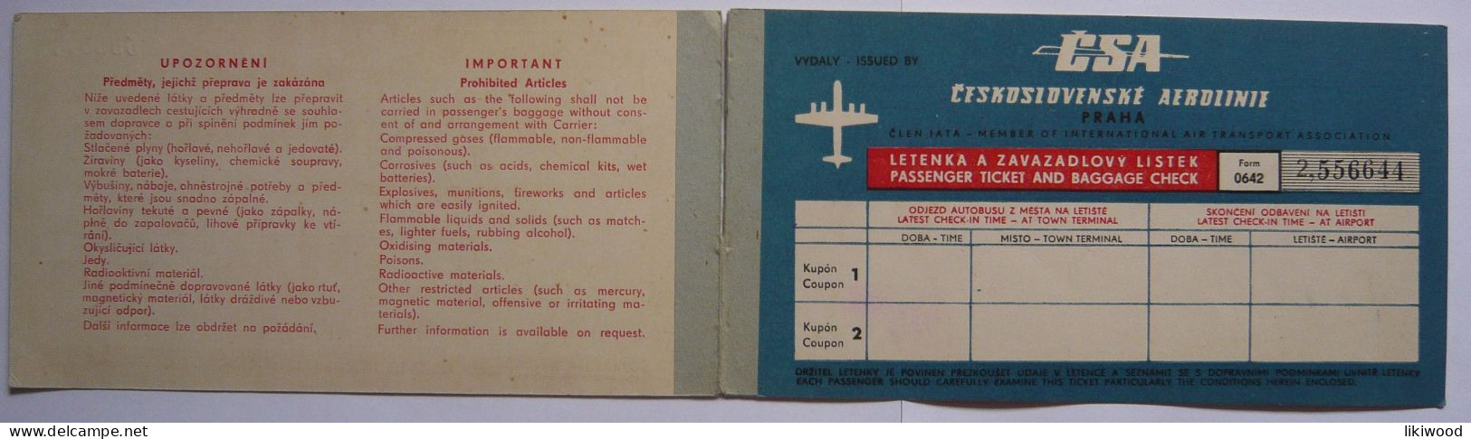 ČSA - Československe Aerolinie - Passenger ticket and baggage check