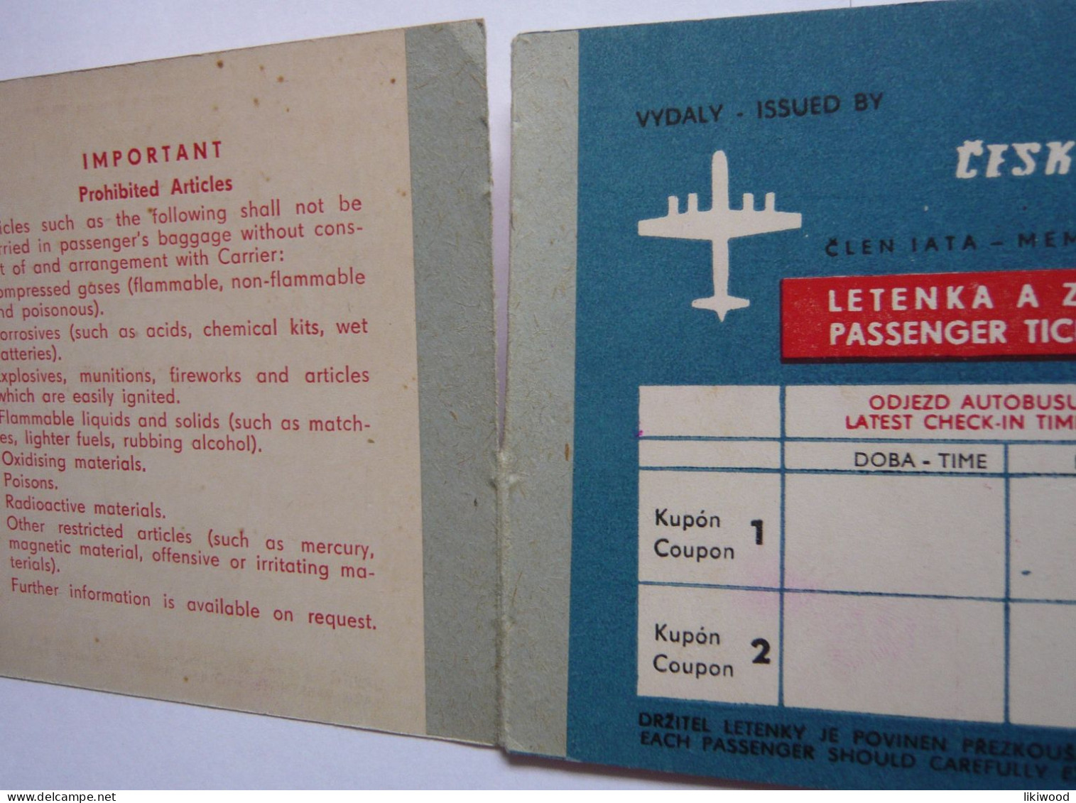 ČSA - Československe Aerolinie - Passenger ticket and baggage check