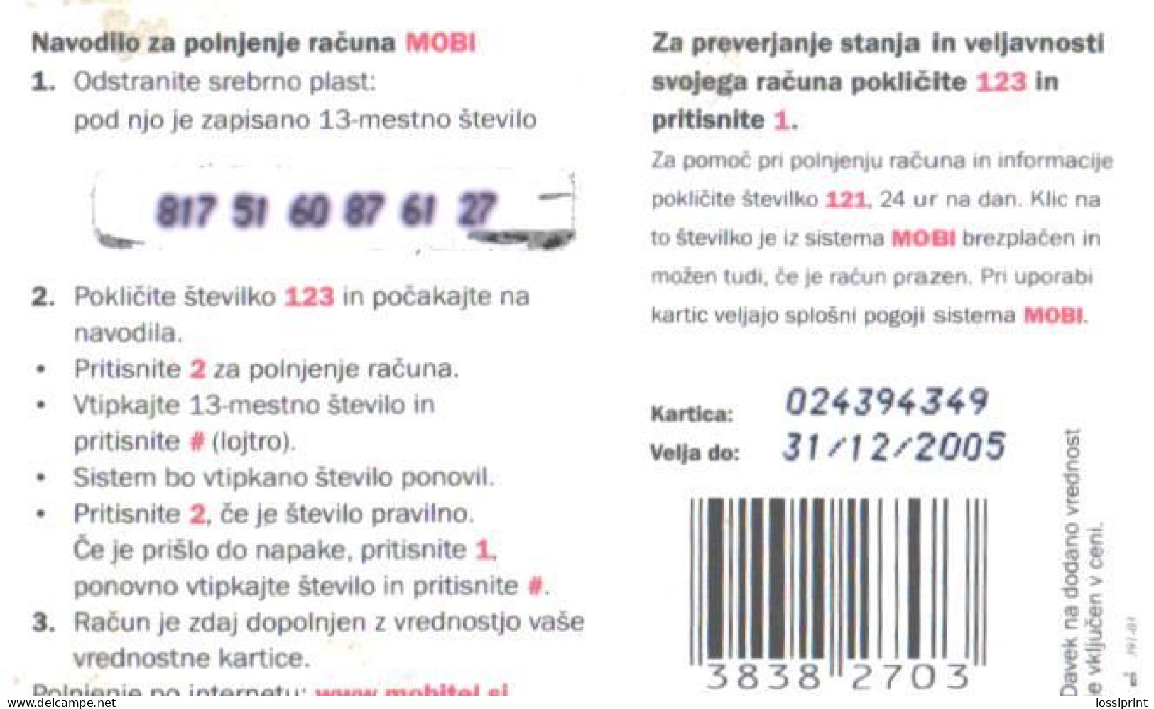 Slovenia:Used Phonecard, Mobi, 1000 SIT. Bird, Lanius Collurio, 2005 - Uccelli Canterini Ed Arboricoli