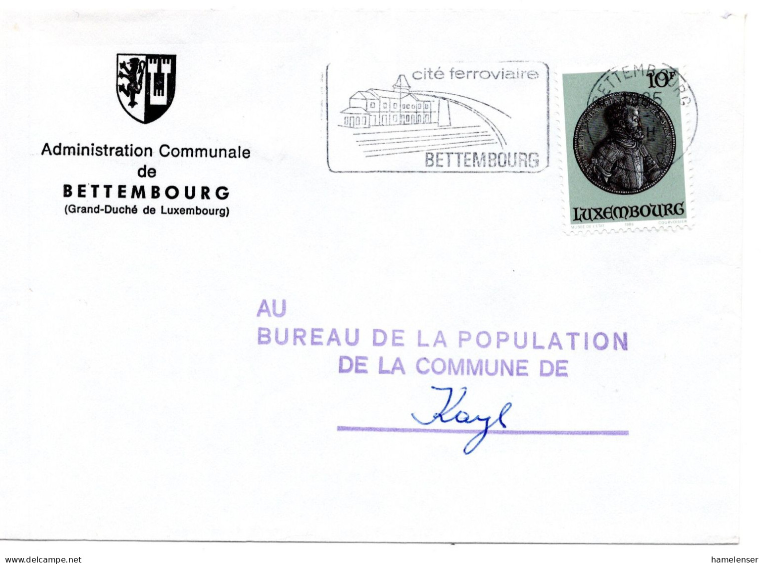 59372 - Luxemburg - 1985 - 10F Muenze EF A Bf BETTEMBOURG - CITE FERROVIAIRE BETTEMBOURG -> Kayl - Treinen