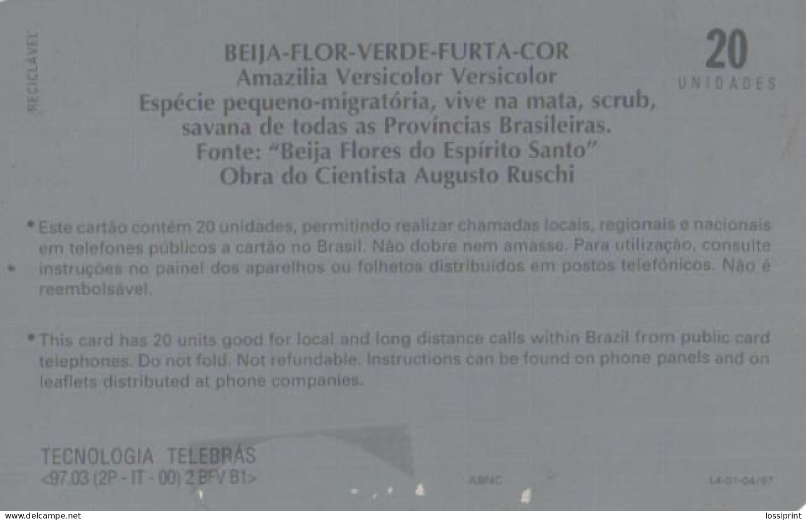 Brazil:Brasil:Used Phonecard, Sistema Telebras, 20 Units, Bird, Amazilia Versicolor Versicolor, 1997 - Passereaux