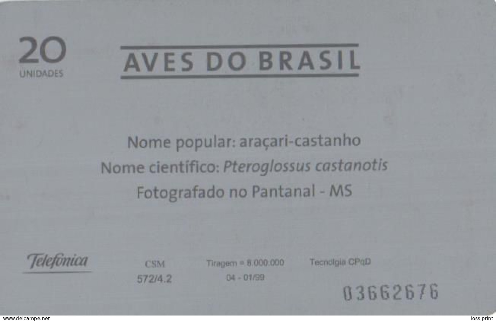Brazil:Brasil:Used Phonecard, Telemar, 30 Credits, Bird Pterglossus Castanotis, 1999 - Pájaros Cantores (Passeri)