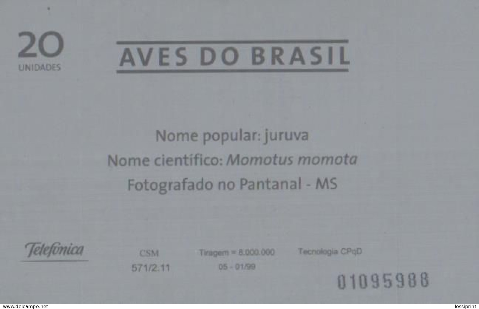 Brazil:Brasil:Used Phonecard, Telemar, 20 Credits, Bird Momotus Momata, 1999 - Pájaros Cantores (Passeri)