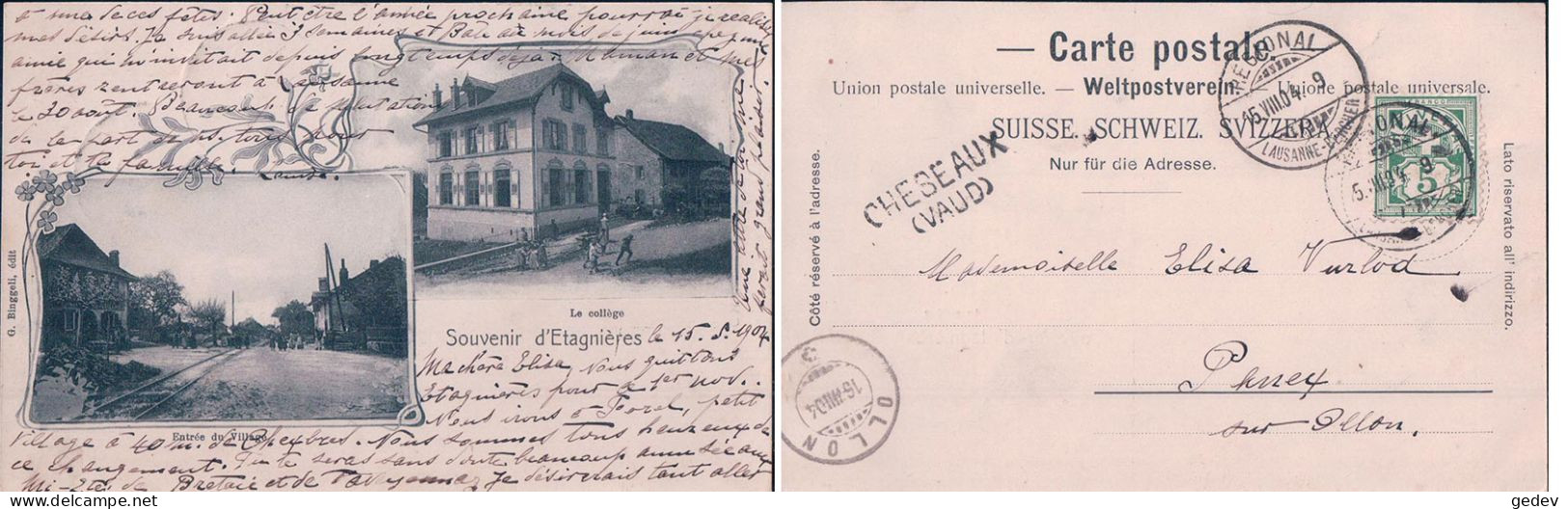 Etagnières VD, Chemin De Fer, Collège + Cachet Linéaire "CHESEAUX VAUD" Et Cachet "Lausanne- Bercher" (15.8.1904) - Bercher