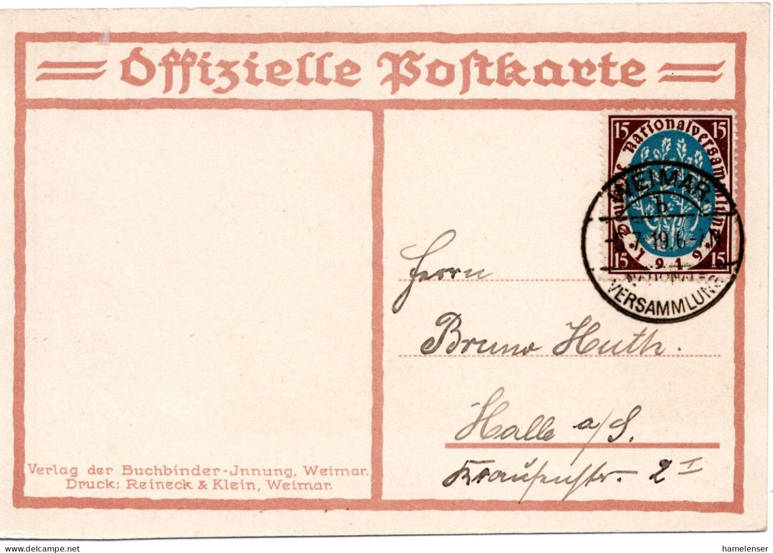 59391 - Deutsches Reich - 1919 - 15Pfg Nationalversammlung EF A AnsKte SoStpl WEIMAR - NATIONALVERSAMMLUNG -> Halle - Briefe U. Dokumente