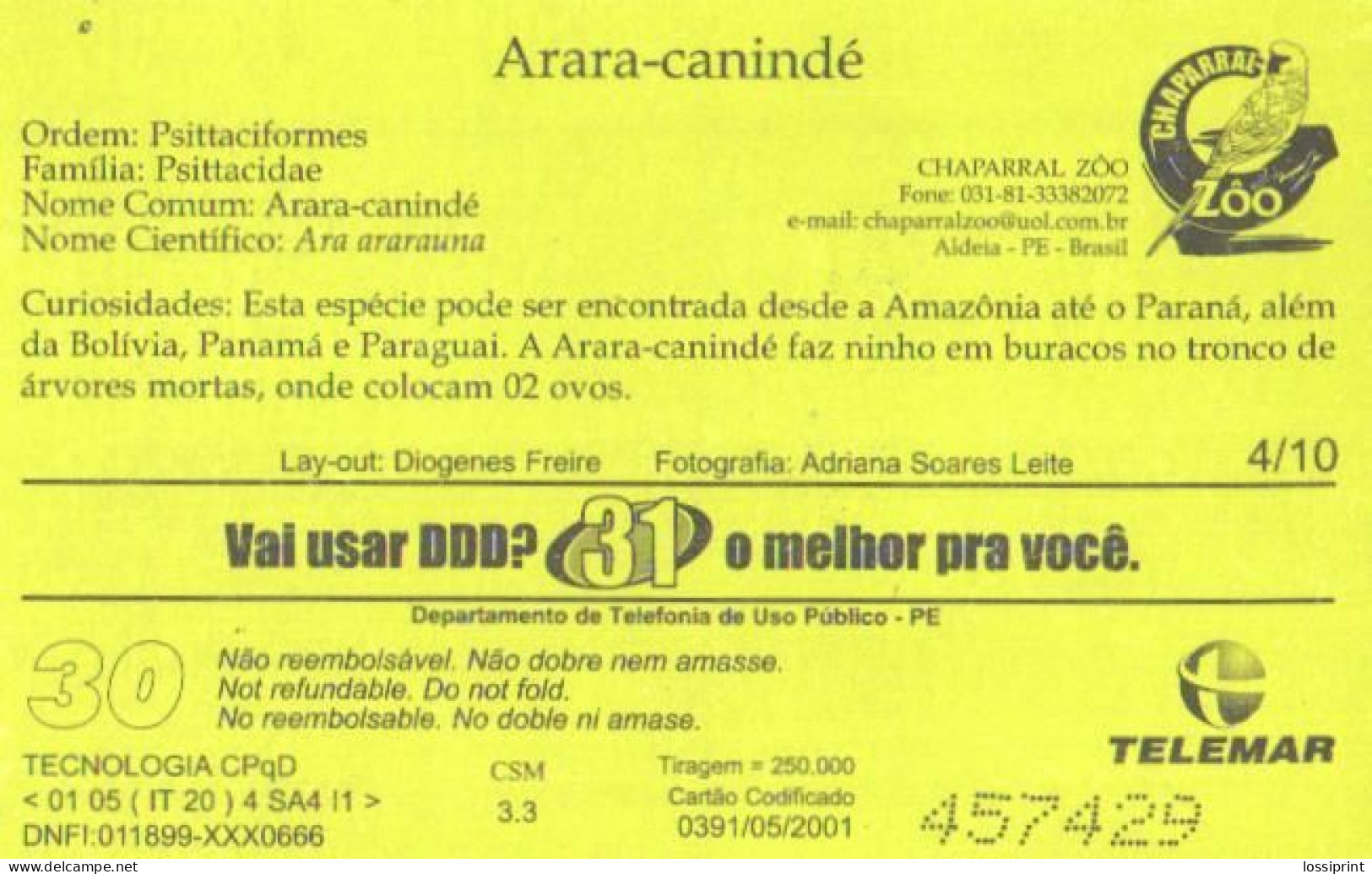 Brazil:Brasil:Used Phonecard, Telemar, 30 Units, Bird, Parrot, Ara Ararauna, 2001 - Papageien