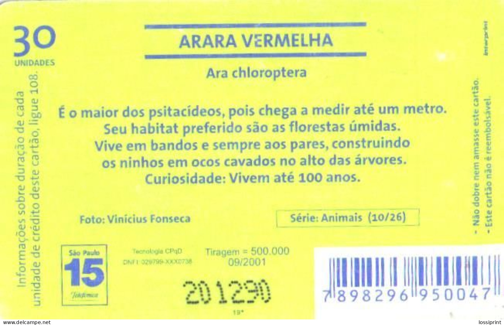 Brazil:Brasil:Used Phonecard, Telefonica, 30 Units, Birds, Parrots, 2001 - Loros
