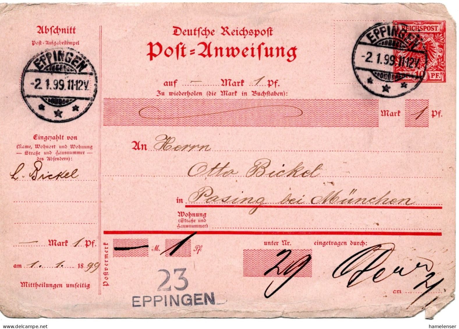 59396 - Deutsches Reich - 1899 - 10Pfg GAPostanw Krone & Adler (Mgl) EPPINGEN -> PASING - Cartas & Documentos