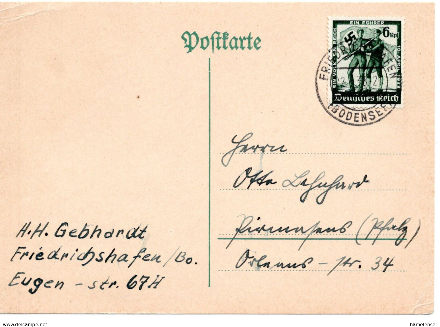 59399 - Deutsches Reich - 1938 - 6Pfg Volksabstimmung EF A Kte FRIEDRICHSHAFEN -> Pirmasens - Lettres & Documents