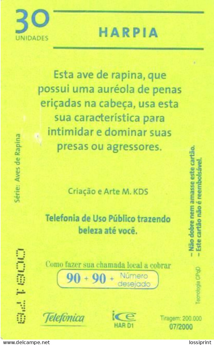 Brazil:Brasil:Used Phonecard, Telefonica, 30 Units, Bird, Harpia, 2000 - Arenden & Roofvogels