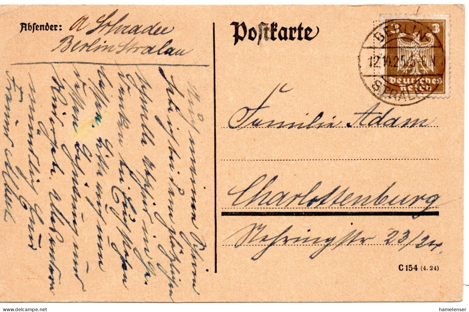 59402 - Deutsches Reich - 1925 - 3Pfg Adler A OrtsKte BERLIN - Lettres & Documents