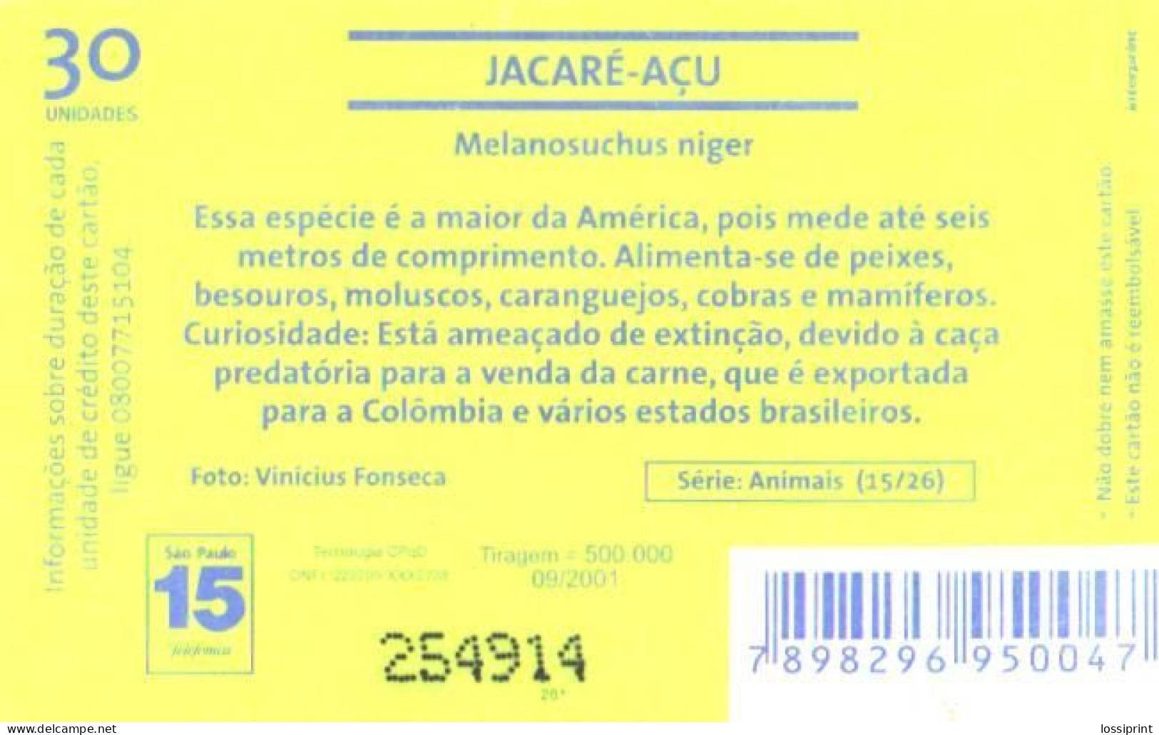 Brazil:Brasil:Used Phonecard, Telefonica, 30 Units, Alligator, Melanosuchus Niger, 2001 - Crocodiles And Alligators