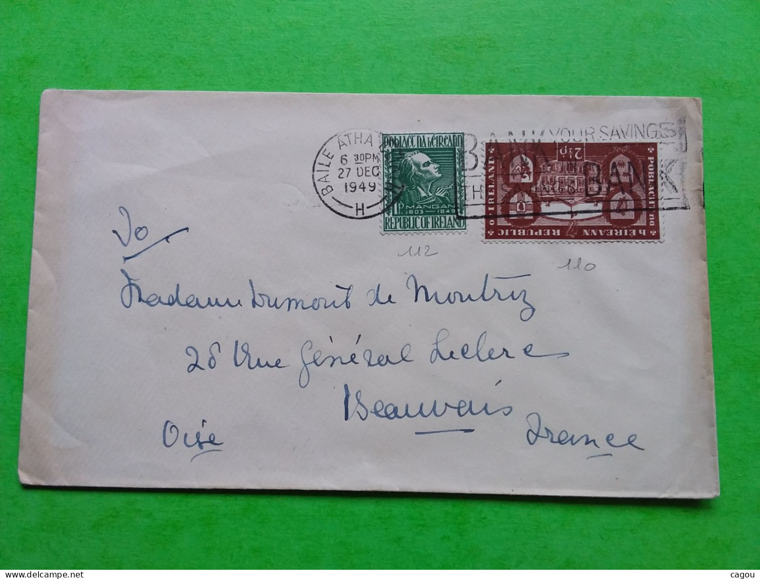 LETTRE DE BAILE ATHA CLIATH IRLANDE POUR BEAUVAIS OISE - TIMBRES 112 / 110 - Brieven En Documenten