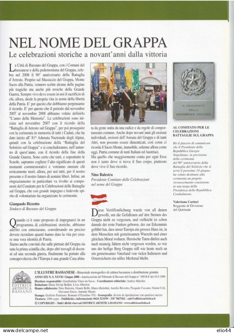 L'Illustre Bassanese - Rivista Bimestrale Giugno 2008 - Celebrazioni Storiche Nel Nome Del Grappa - - Guerra 1914-18