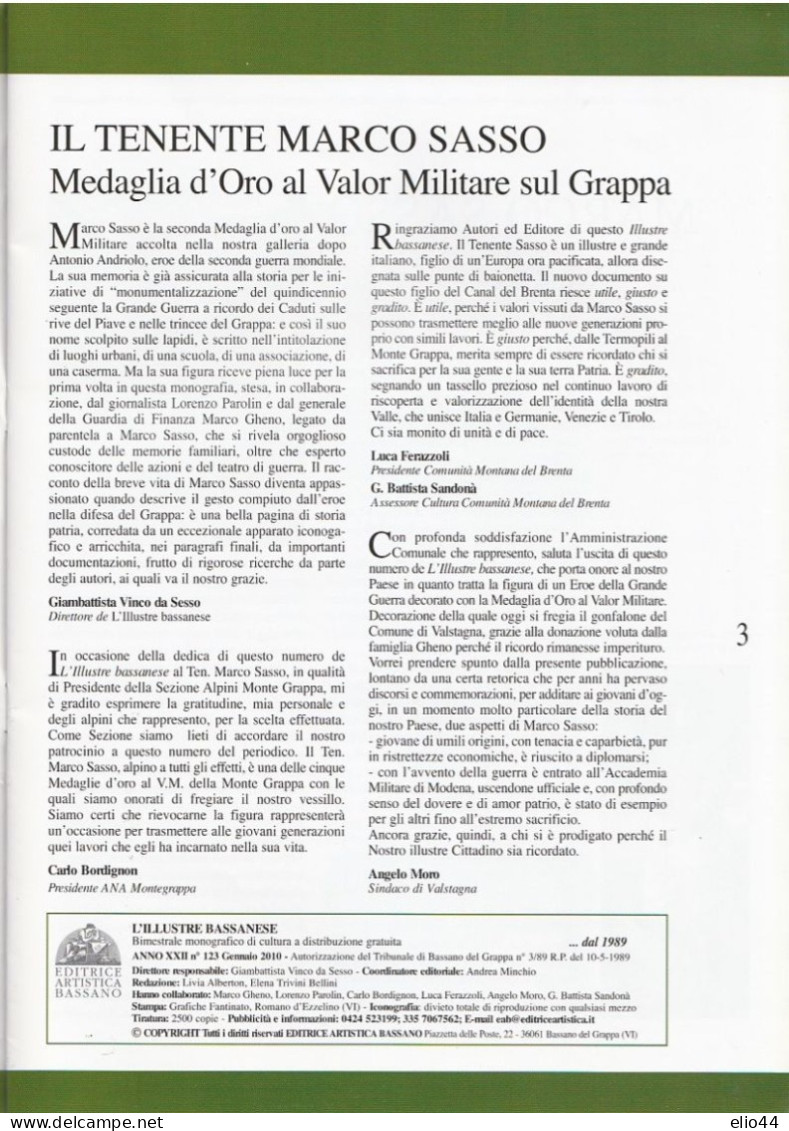 L'Illustre Bassanese - Rivista Bimestrale Gennaio 2010 - Ten. Marco Sasso  Medaglia D'Oro Al Valor Militare Sul Grappa - - War 1914-18