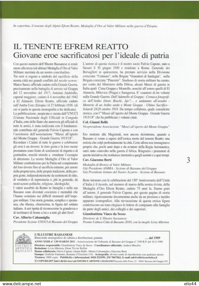 L'Illustre Bassanese - Rivista Bimestrale Marzo 2011 - Ten. Efrem Reato - Medaglia D'Oro Al  Valor Militare - - Weltkrieg 1939-45