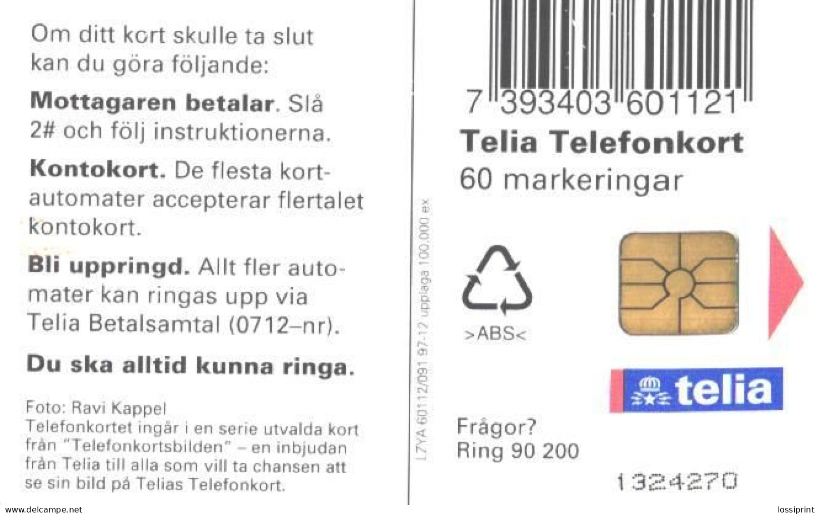 Sweden:Used Phonecard, Telia, 60 Markers, Dogs In Front Of Sleigh - Cani