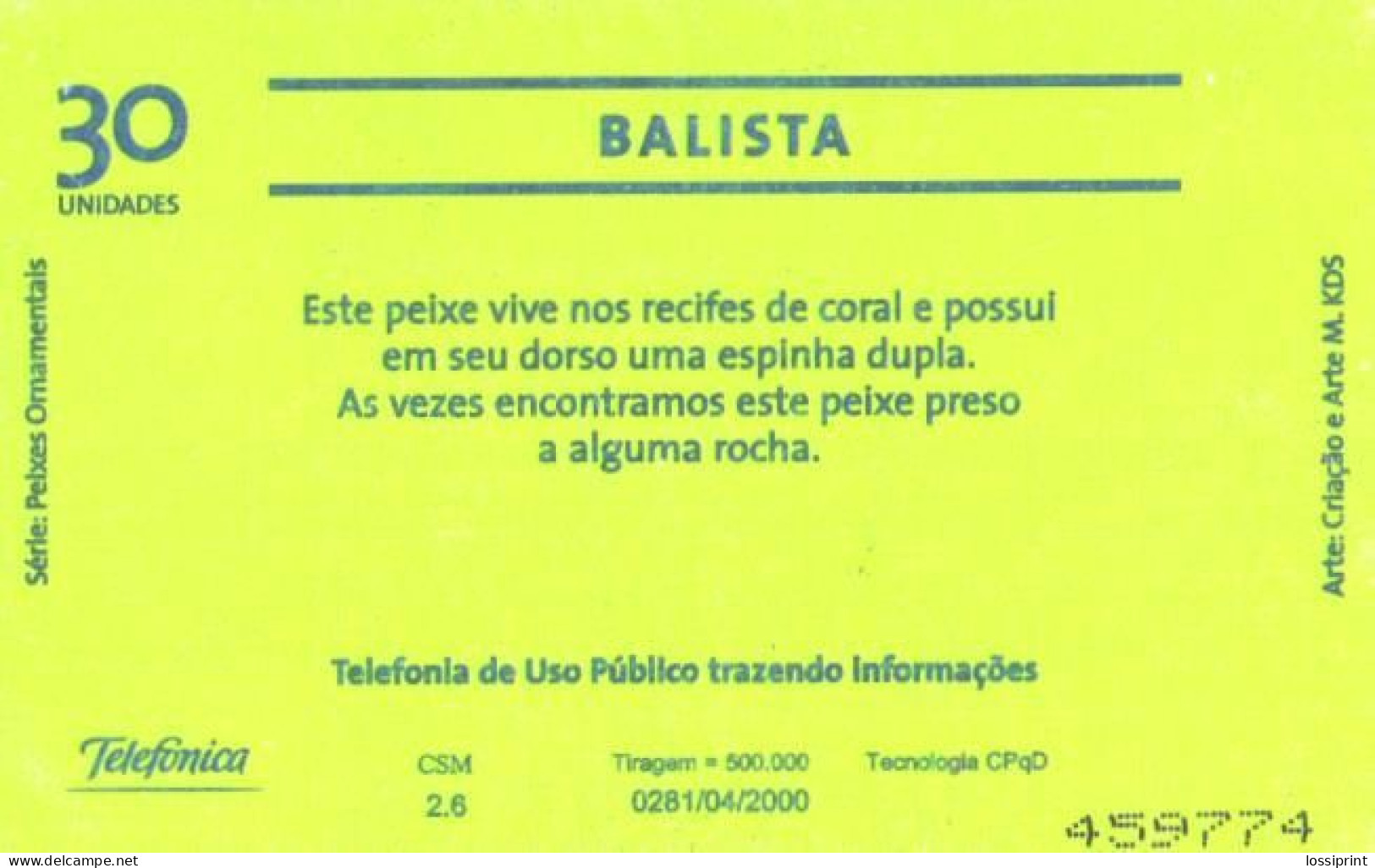 Brazil:Brasil:Used Phonecard, Telefonica, 30 Units, Fish, Balista, 2000 - Vissen