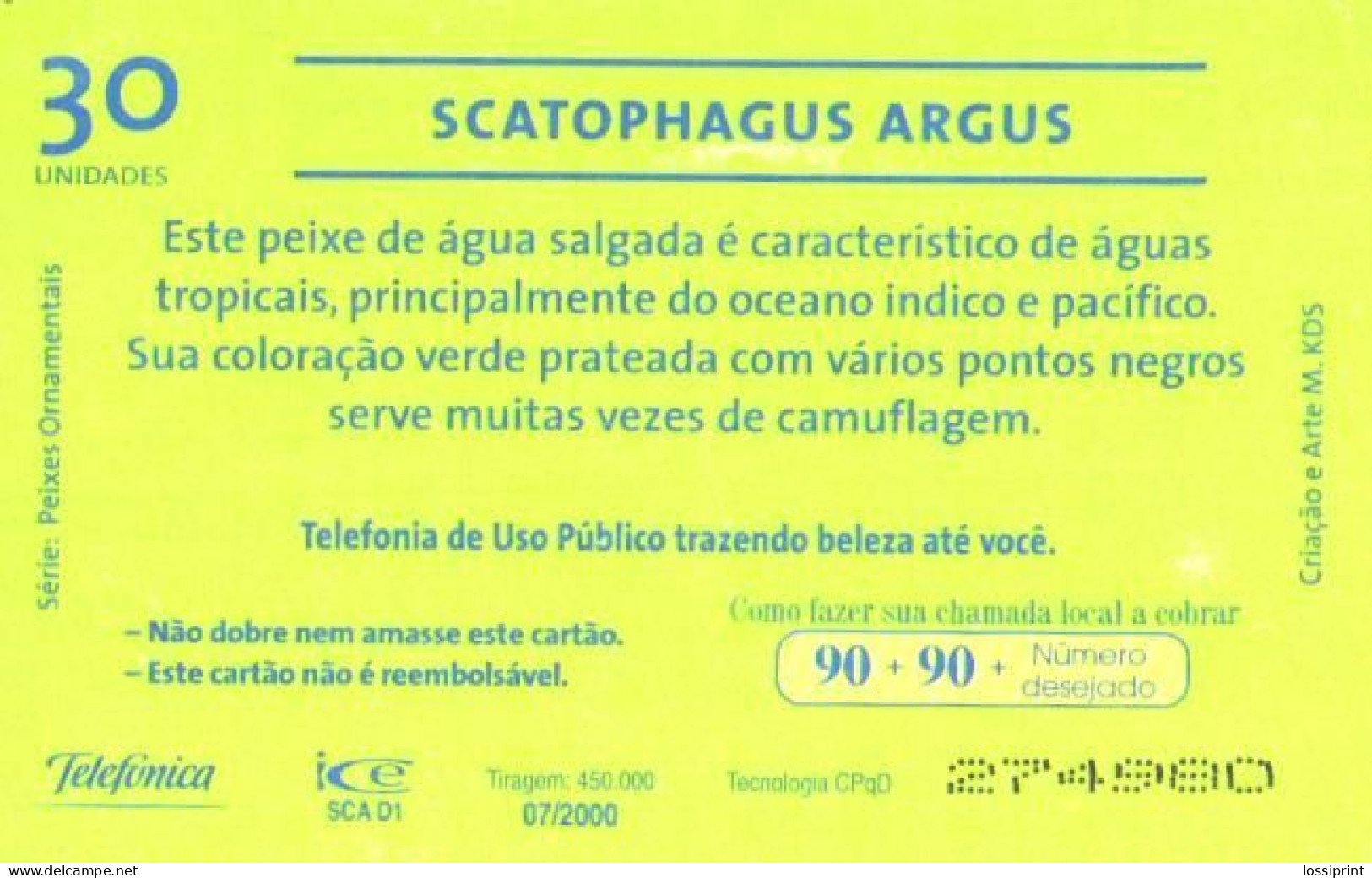 Brazil:Brasil:Used Phonecard, Telefonica, 30 Units, Fish, Scatophagus Argus, 2000 - Vissen