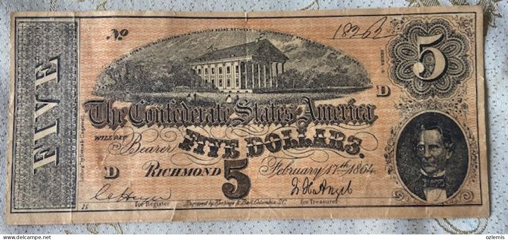 THE CONFEDERATE STATES AMERICA ,FIVE DOLLARS, 1864 - Valuta Della Confederazione (1861-1864)