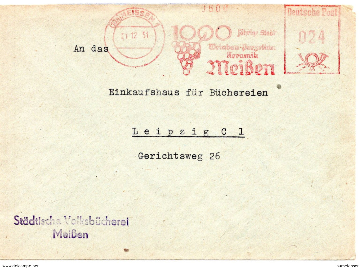 59415 - DDR - 1951 - 24Pfg AbsFreistpl MEISSEN - 1000JAEHRIGE STADT WEINBAU ... -> Leipzig - Vini E Alcolici